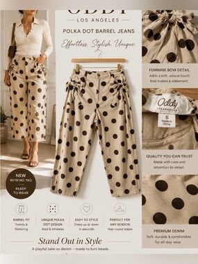 ODDY Beige Polka Dot Barrel Jeans with Black Dots